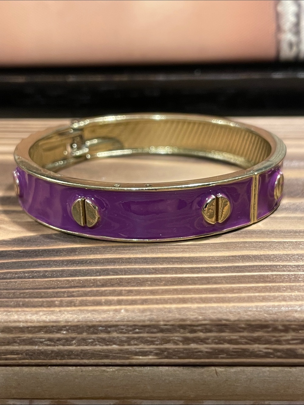 Gold-Tone Purple Enamel Screw Accent Bangle Bracelet